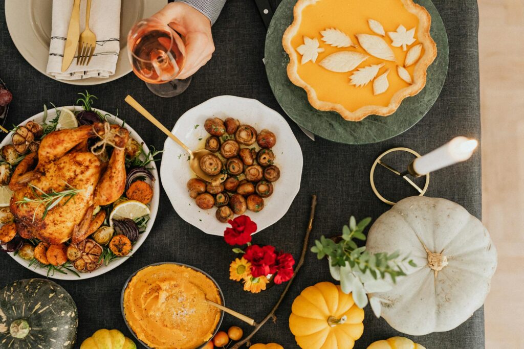 A table with a Thanksgiving meal