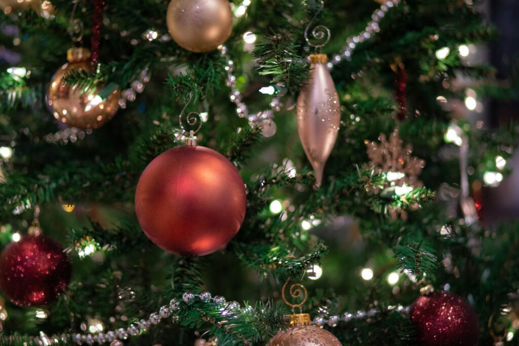 A Christmas tree with ornaments